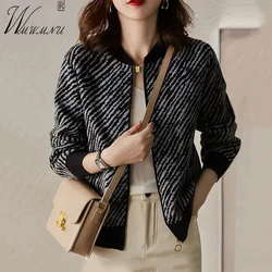 Elegant Striped Bomber Jackets Women Baseball Collar Knitted Outerwear Korean Fashion Cropped Coats Mother 2023 Spring Jacket