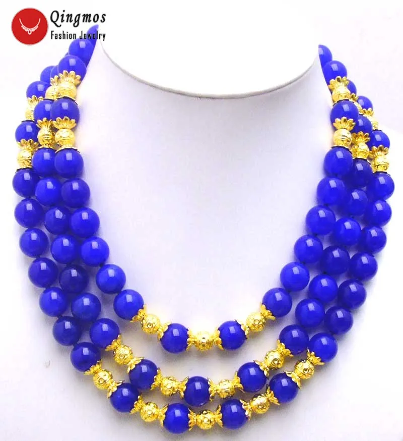 Qingmos 8MM Round Natural Blue Jade Necklace for Women with Gold-color Beads Stone Jewelry 3 Strands Necklace 18-20