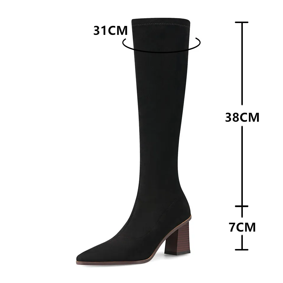 Autunno Moda Donna Stivali Punta quadrata Filato Elastico Stivali alti al ginocchio Camoscio per bambini Scarpe con tacco spesso Calzini con zip