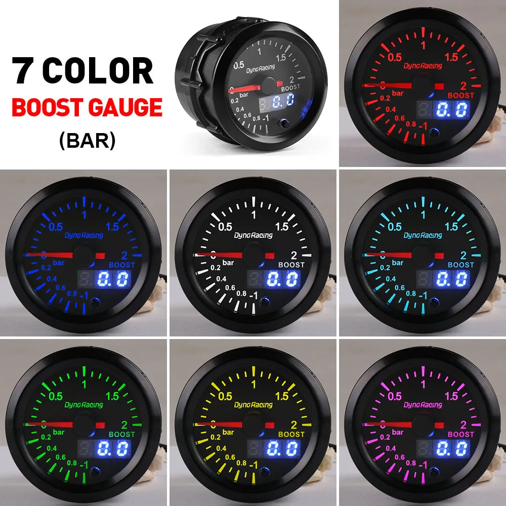 Dynoracing Dual Display 52MM 7 Colors Turbo boost gauge 2Bar Boost meter with stepper motor Boost sensor