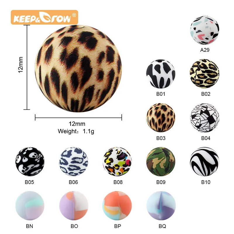 12mm Silicone Tie dye leopard Terrazzo Dalmatian camo Silicone Round Beads 10pcs Baby Chewable Teething Loose Beads For Newborn