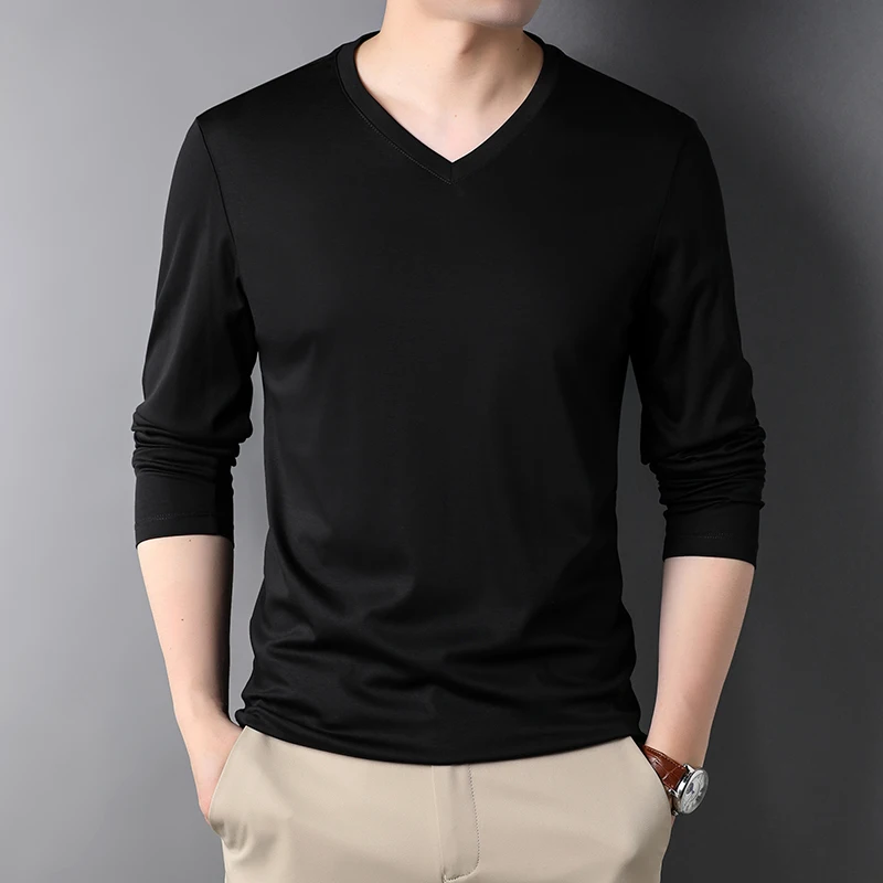 Top Grade New Fashion Brand V Neck Solid Color Plain Soft 100 % Cotton t Shirt Men Long Sleeve Tops Casual Mens Clothes 2023