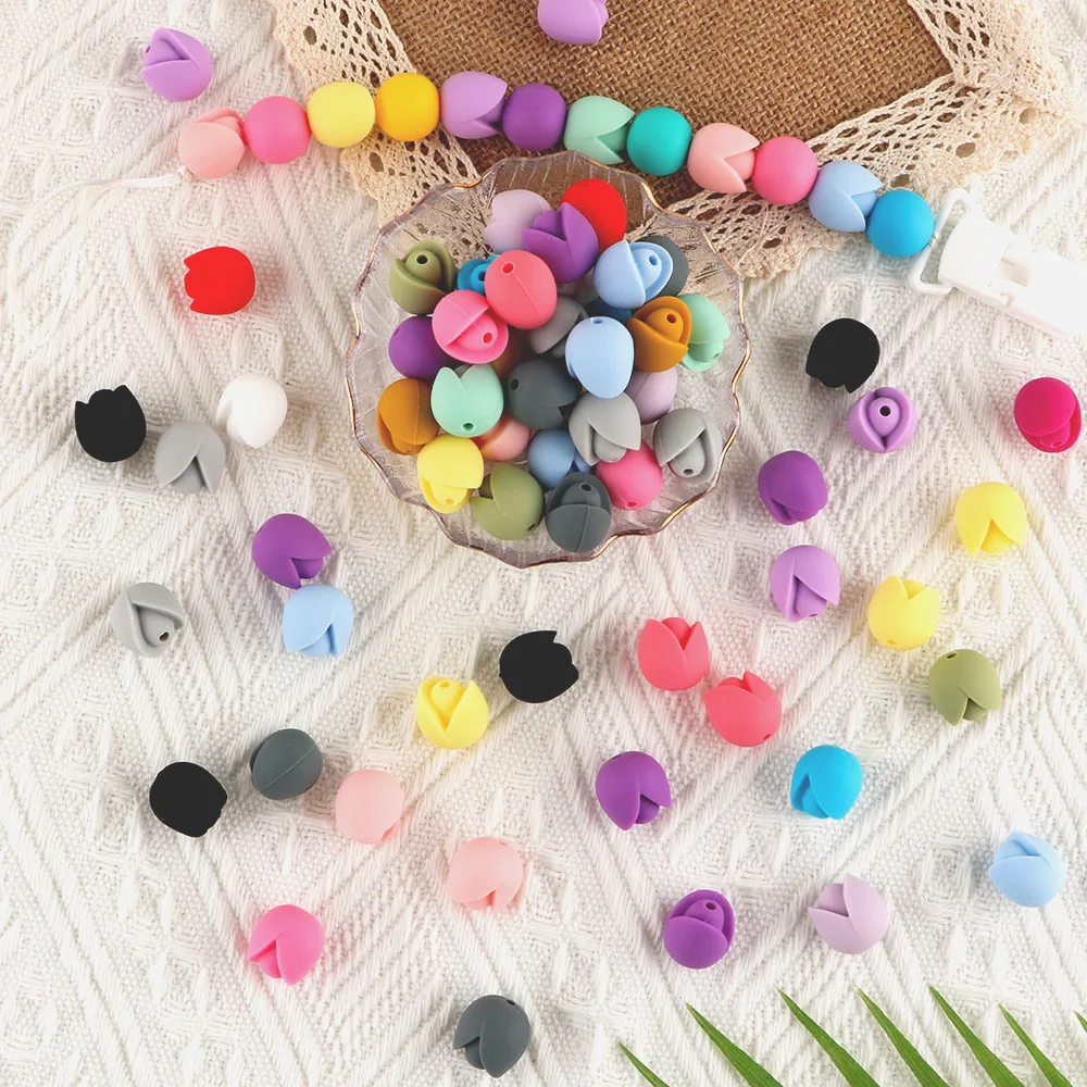 Sunrony Silicone Beads 20Pcs New Tulip Flowers For Jewelry Making DIY Pacifier Chain Necklace Accessories Chewable Nursing Toys