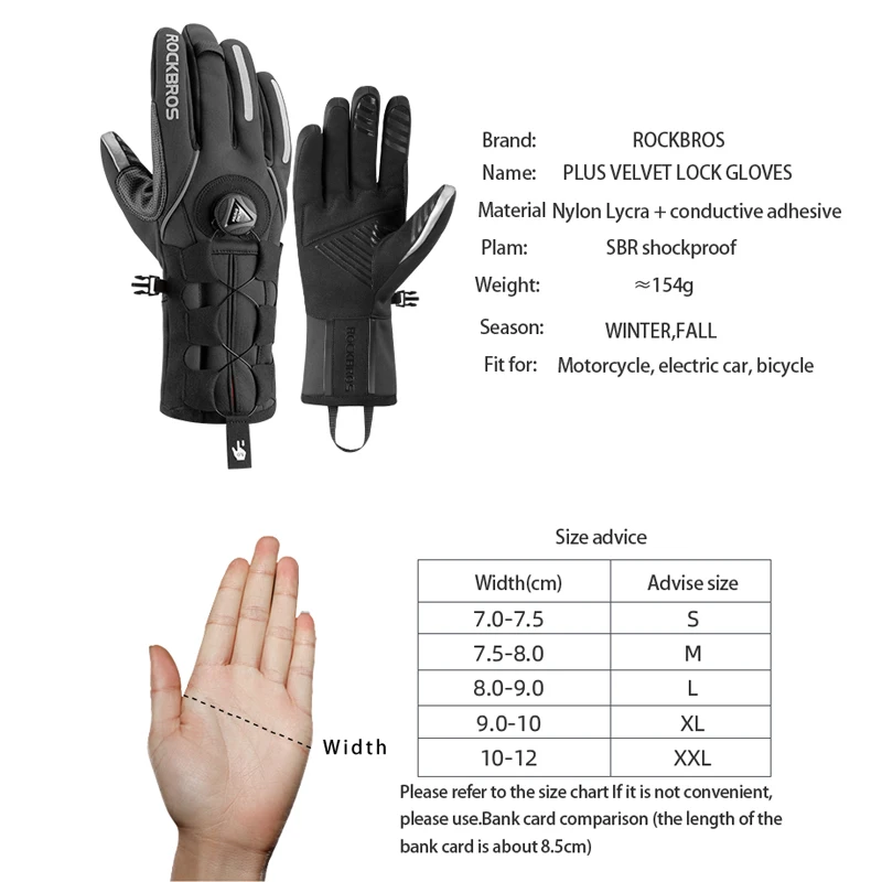 ROCKBROS MTB Winter Gloves For Bicycle Touch Screen Adjustable Winter Warm Fleece Gloves Bike Windproof Ski Sport Mens Gloves