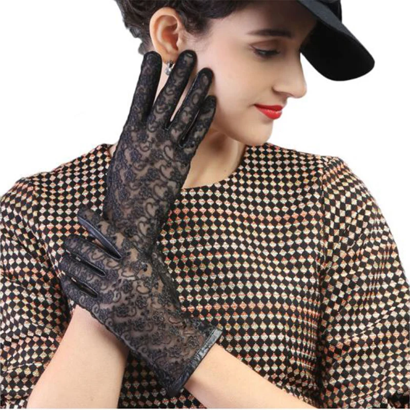 Nuevos guantes de cuero para pantalla táctil para mujer, moda de piel de oveja bordada con encaje sin forro, manoplas negras para conducir para