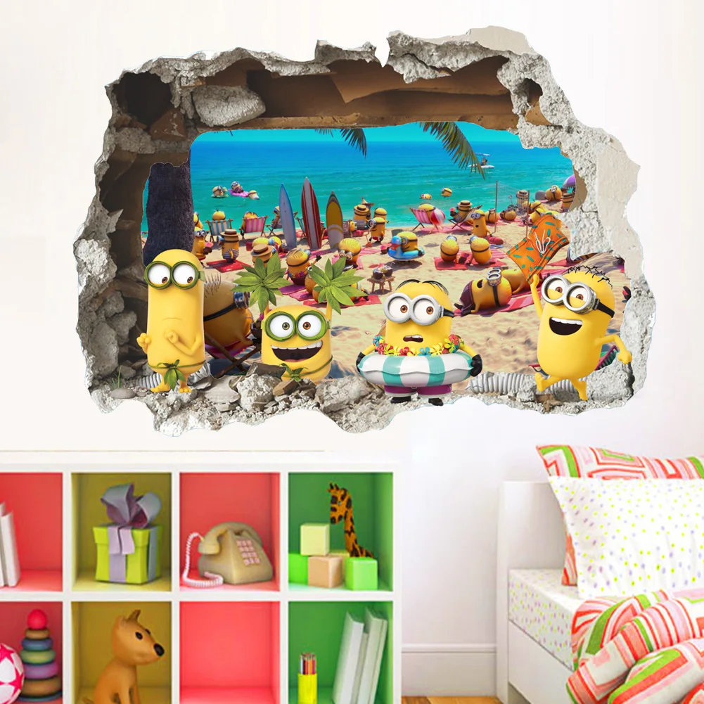 Cartoon wall stickers Cute Yellow Boy On Holiday Smashed Window Kids Room Bedroom Decoraton Vinyl Decals Mural Poster