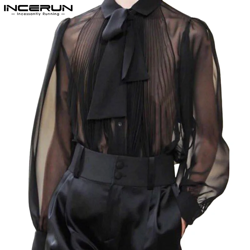 INCERUN Men Sexy Shirt Mesh See Through risvolto Camisas manica lunga con cravatta Streetwear 2023 pieghettato Solid Party Men abbigliamento 5XL