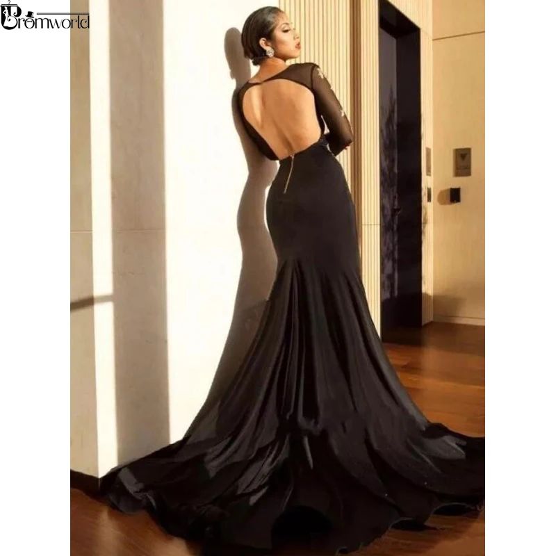 Maniche lunghe Vestito Da Promenade Della Sirena Appliques Del Merletto Abito Del Partito Backless Sexy Scollo A V Ad Alta Fessura Nero Abiti Da Ballo 2020