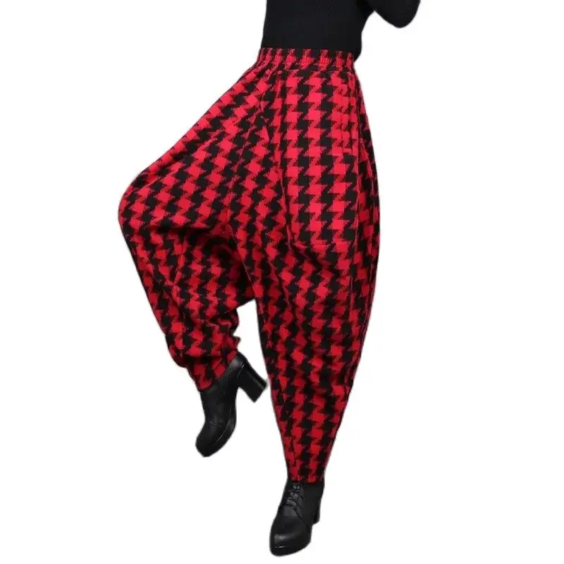 

Autumn Winter Folk-Custom Lattice Big Crotch Bloomers Female High Waist Woolen Hanging Crotch Harem Pants Hip Hop Long Pants