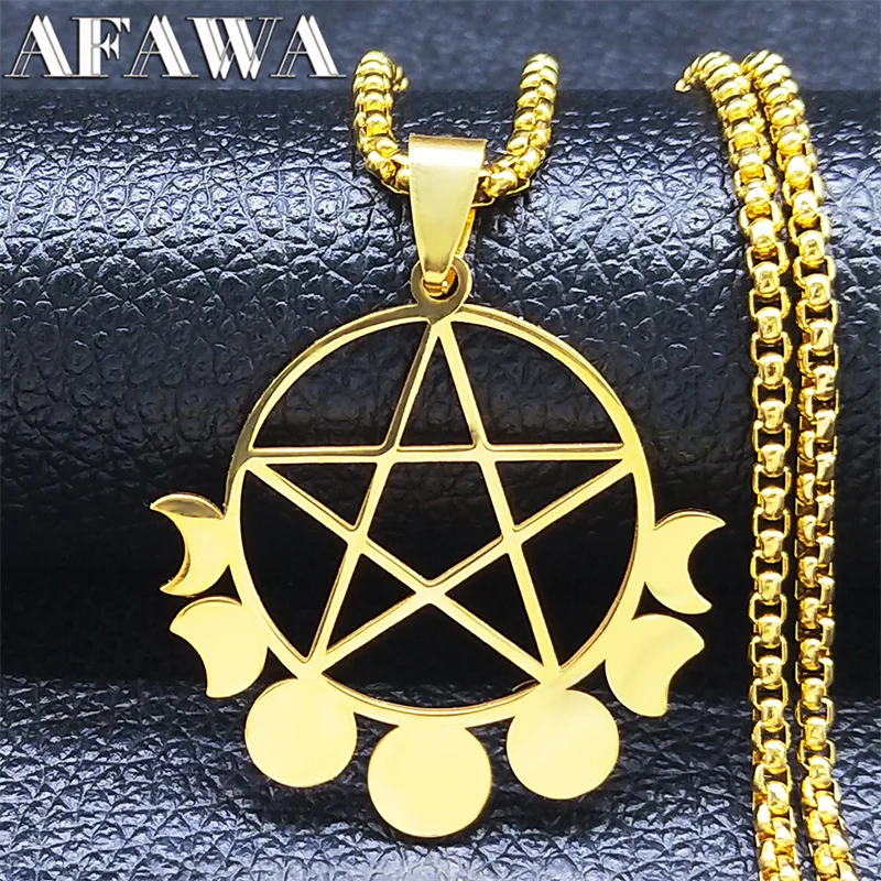 Hexerei Pentagramm Mond Edelstahl Lange Halsketten Goldfarben Hexen-Heidnische Kettenschmuck Acier Inoxydable 3692-QKC