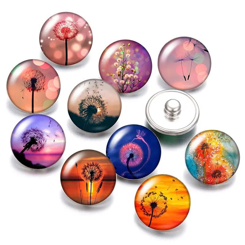 Beauty Flowers Dandelion 18mm snap buttons 10pcs mixed round photo glass cabochon style for snap button jewelry