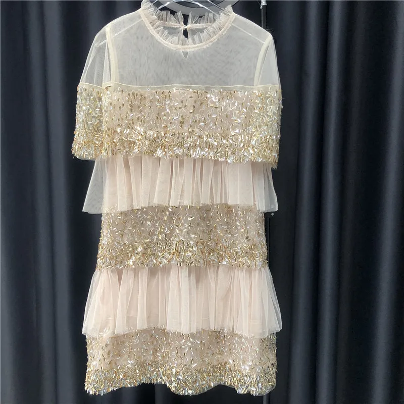 Sidami New Summer Gold Sequined Mesh Bling Short Vestido Chic Loose Cloak Elegant Korean Sequins Party Cake Dress Mujer Vadim