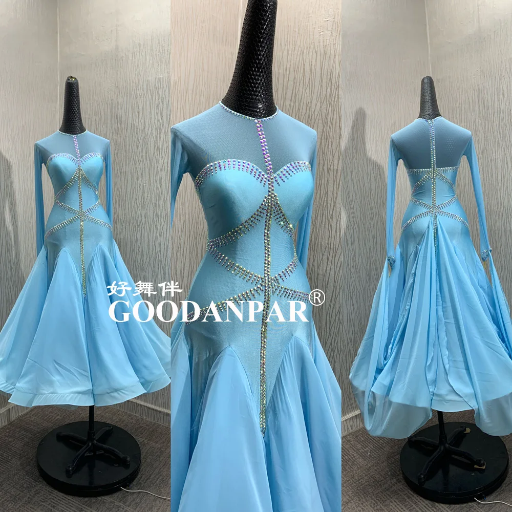 

GOODANPAR New Standard Ballroom Dance Dress Women Girls Competition Costume Lycra Waltz Stage long sleeve blue