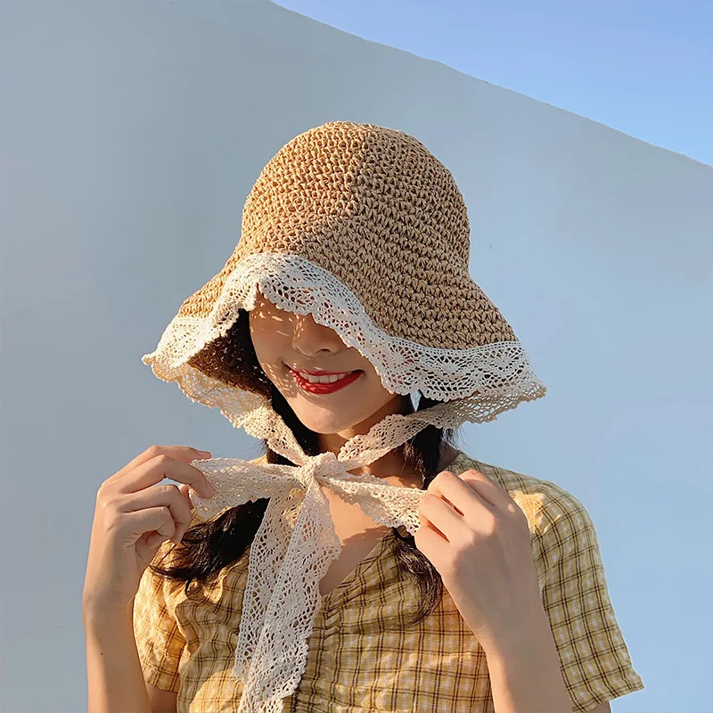 Summer Bucket Hat Women Lace Sun Hats for Wide Brim Straw Beach Side Cap Floppy Female Straw Hat Lace Solid Fringe Straw Hat