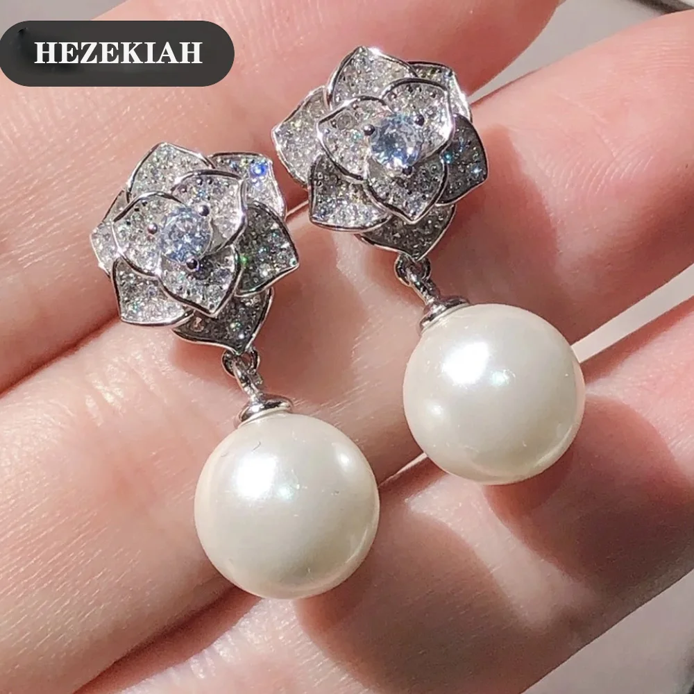 

Elegant Lady Romantic Pearl Rose Beaded Earrings Women Standard Silver White Zircon Fashion Brand Fine Designer Jewelry Garland