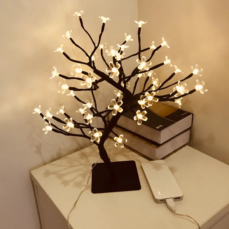 LED Bonsai Tree Light Cherry Plum Blossom Night Light Tabletop Art Atmosphere Light Fairy Mini Lamps for Bedroom Room Home Decor