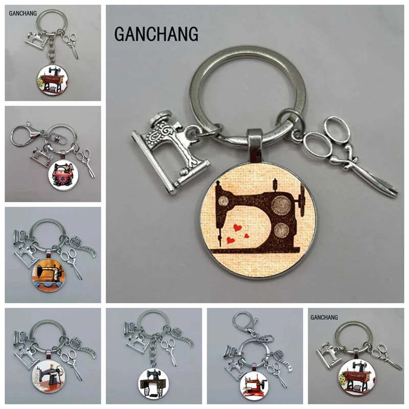 2019/2020 Hot Sale Vintage Sewing Jewelry Seamstress Art Pendant Glass Keychain Sewing Machine Keychain