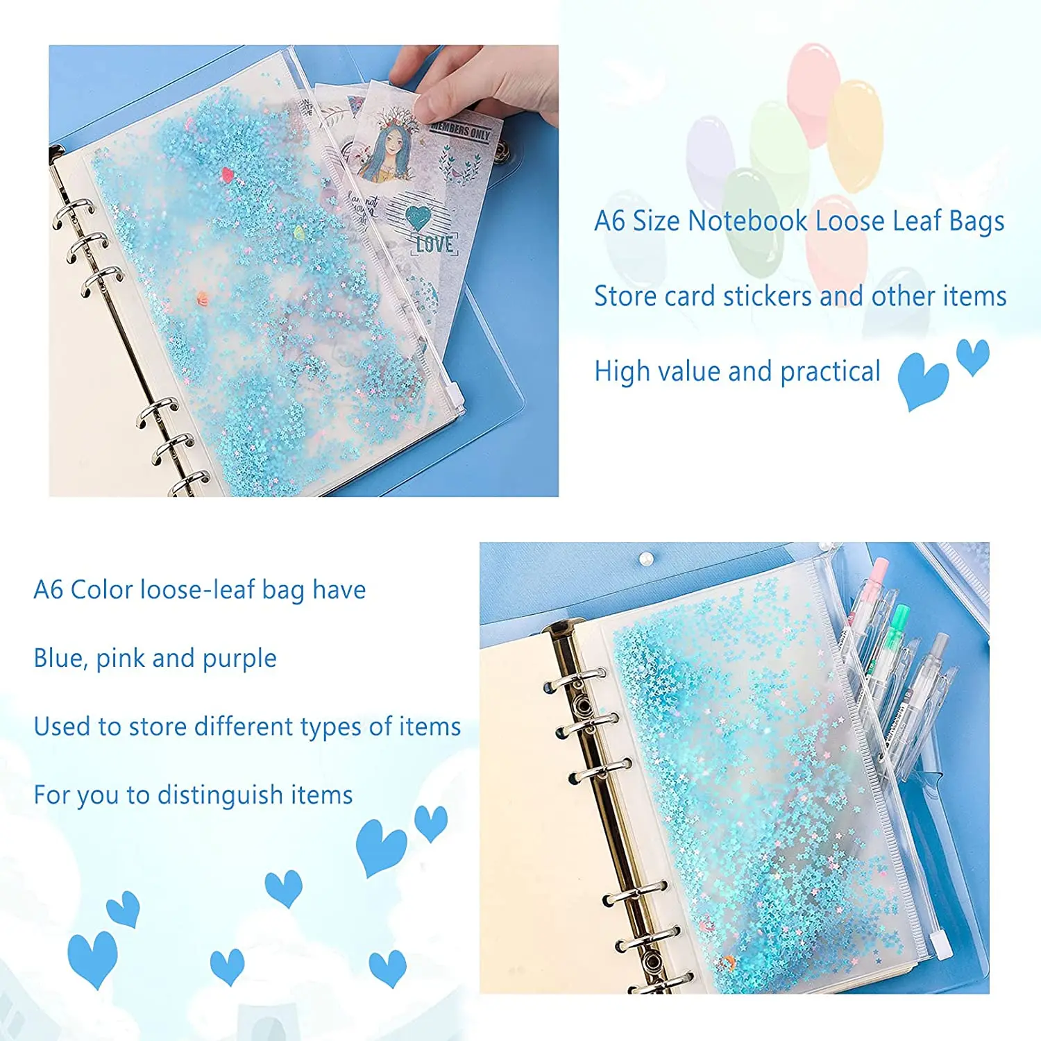 6 Pieces A6 Binder Cash Envelopes PVC Budget Binder with Zipper Envelopes Pocket Folders for 6 Ring Refillable Binder Notebook