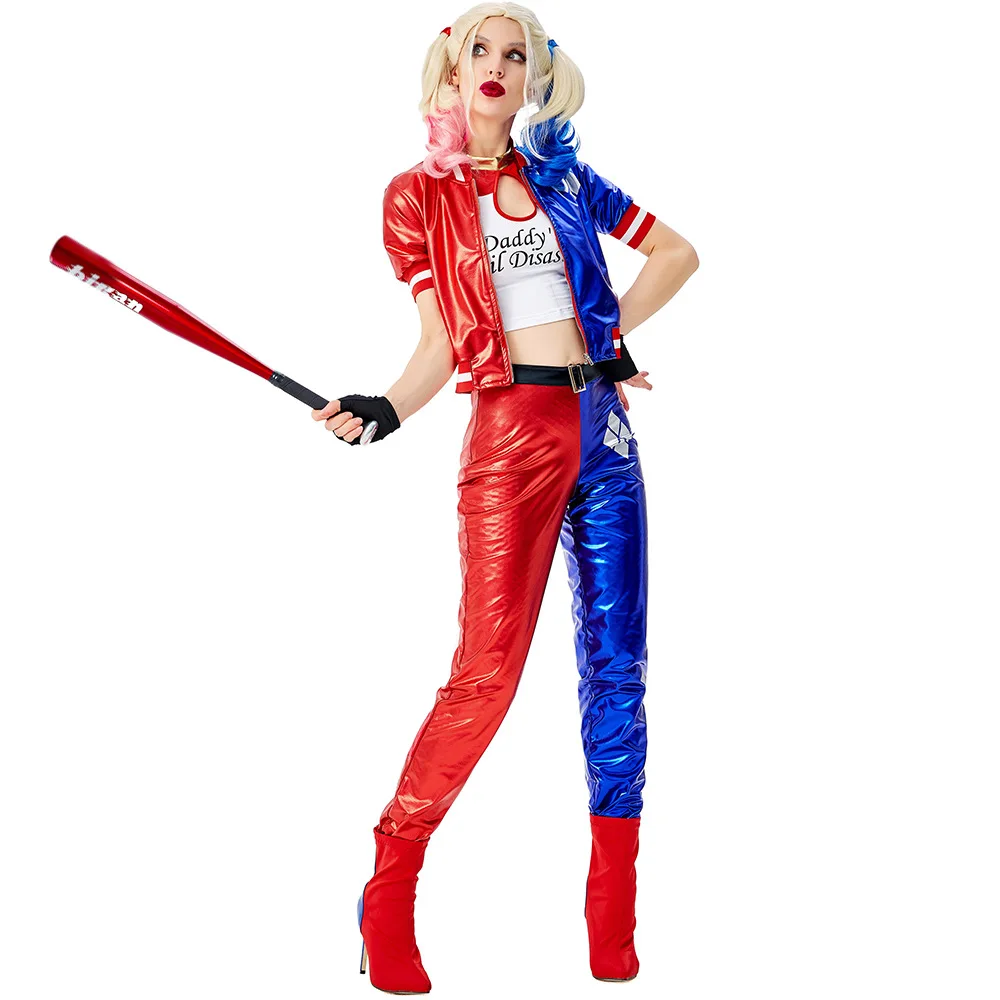 Ladies Halloween Harley Clown Costume Women Circus Joker Fantasia Quinn Fancy Dress Monster T Shirt Coat Jacket Pants Costume