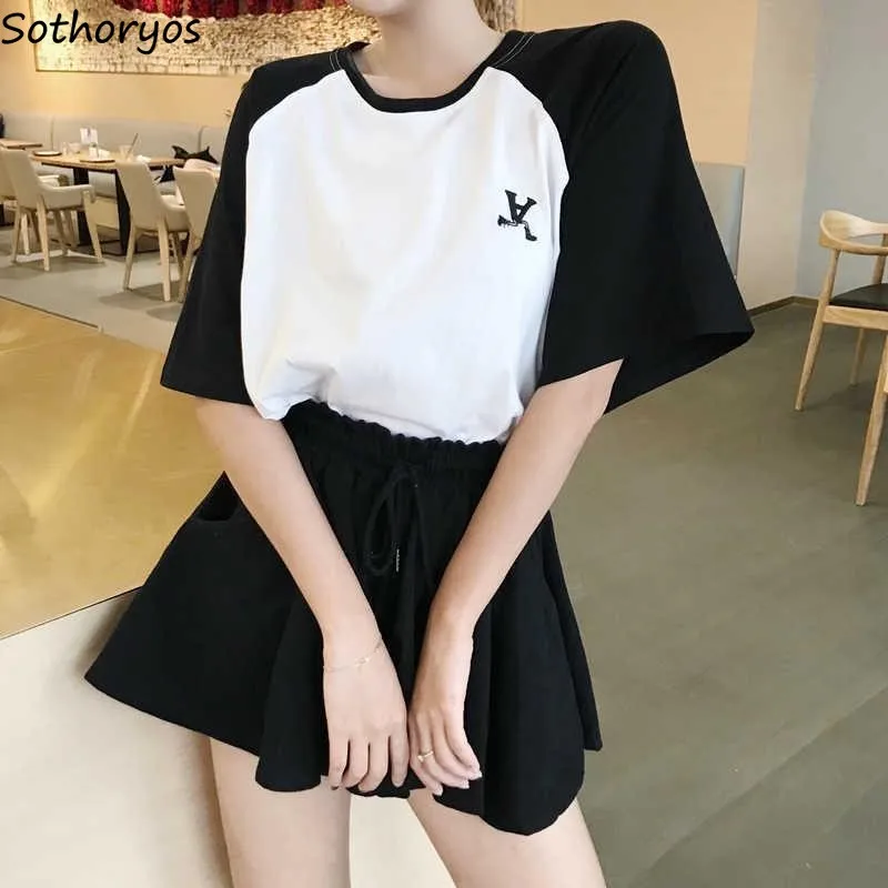 

Pajama Sets Women Baggy Print Panelled O-neck Tops Drawstring Wide-leg Shorts Running Soft Fashion Two Piece Set Ulzzang Femme