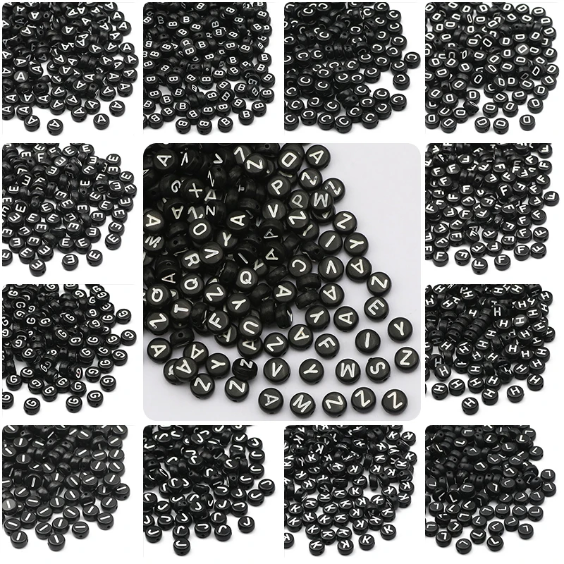

Плоские круглые акриловые бусины с буквами 4x7 мм, черные и белые бусины с алфавитом для изготовления ожерелий, браслетов ручной работы, ювелирные изделия