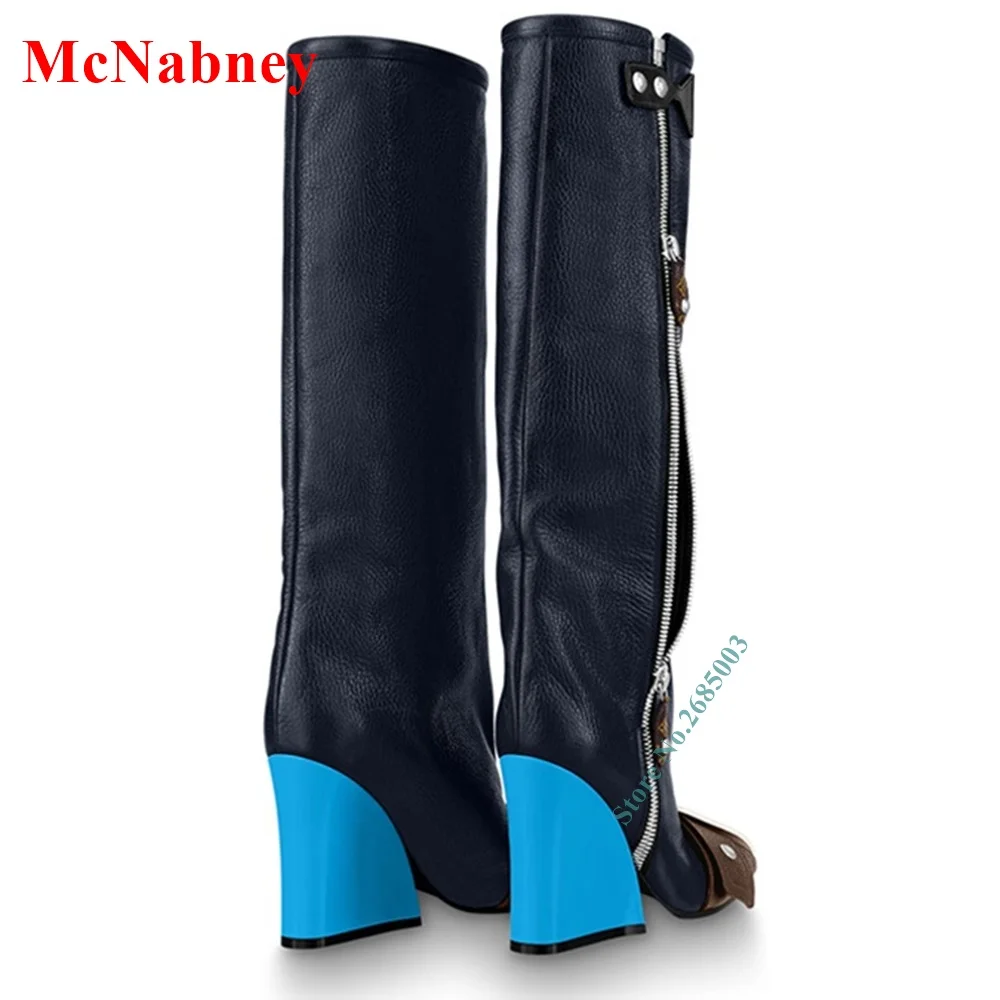 Square Toe Patchwork Knee High Boots Chunky High Heel Mixed Colors Side Zippers Fashion Show Women Autume Winter Party Dress