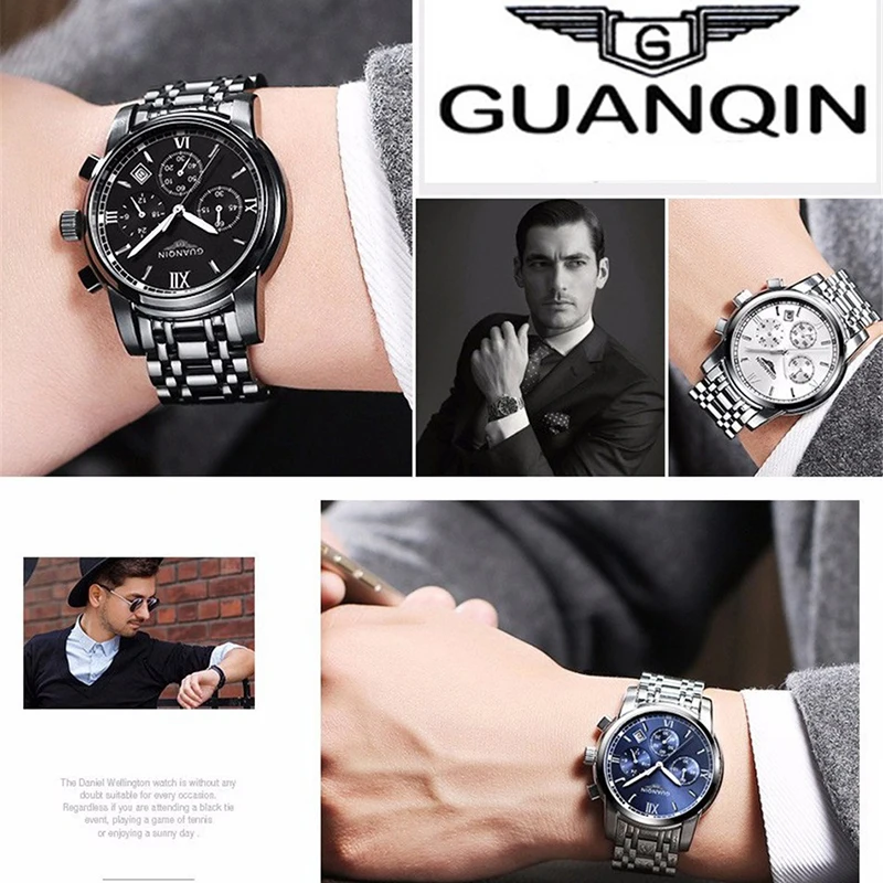 GUANQIN Casual Sport Watches Blue Top Brand Luxury Brand Quartz Watch Men 19018 Watches Stainless Steel Chronograph Wristwatch