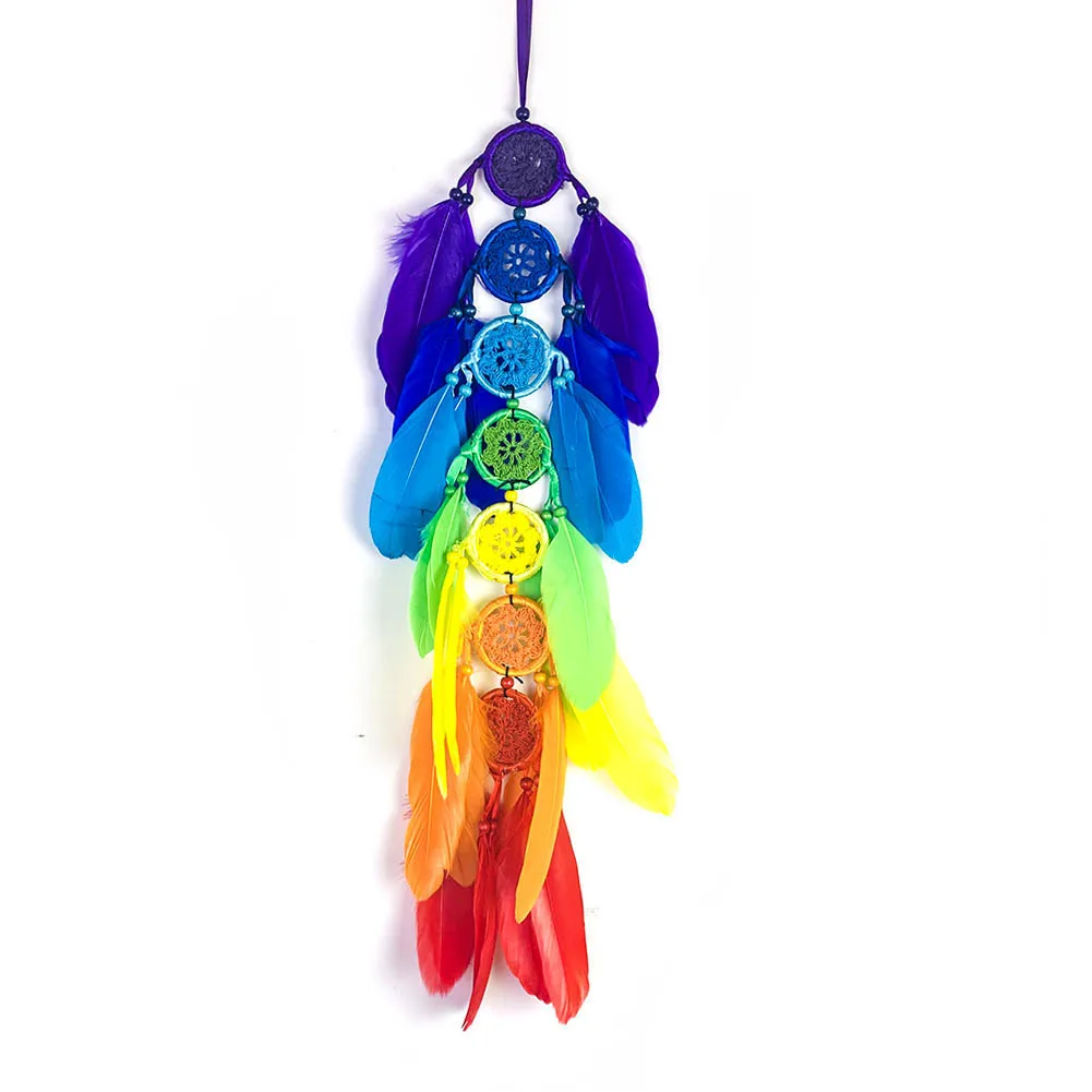 

Yoga Meditation Rainbow Chakra Dream Catcher Feathers Handmade Craft Garden Car Ornament Kids Nordic Wall Hanging Decor Gift