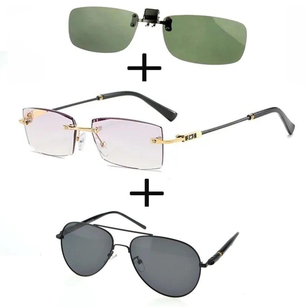 

3Pcs!!! Rimless Frameless Luxury Reading Glasses for Men Women + Alloy Polarized Sunglasses Pilot + Sunglasses Clip