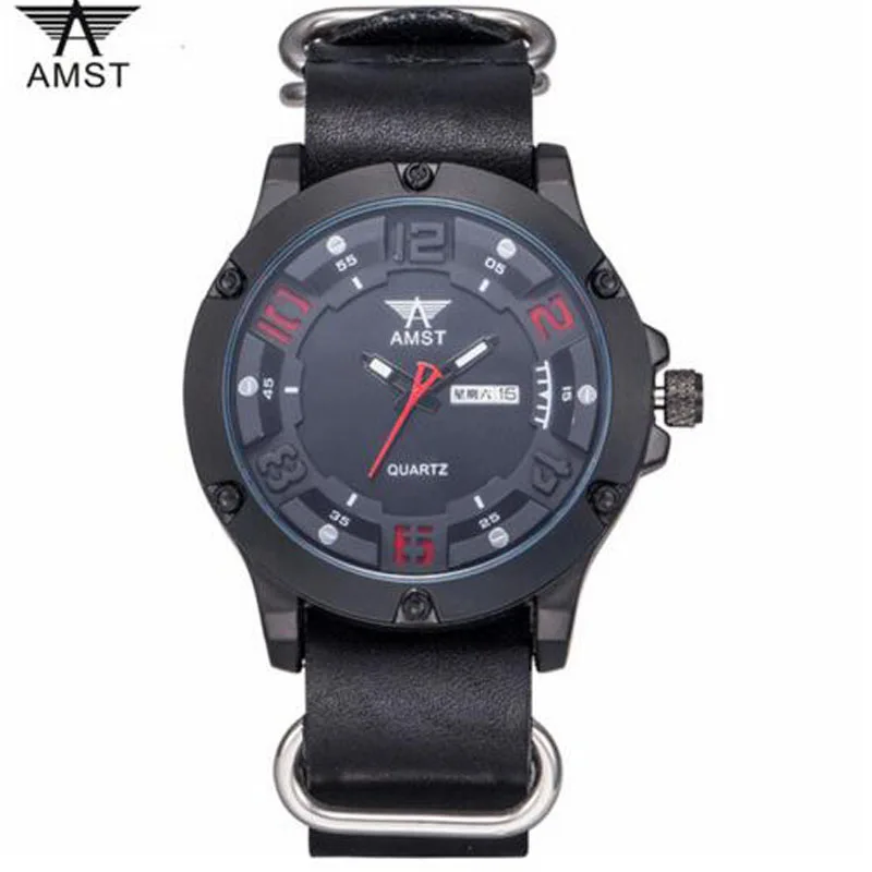 

Watch Men Sports Waterproof Quartz Japan movement military watches genuine leather steel ring 3D Dial man clock AMST3024-1