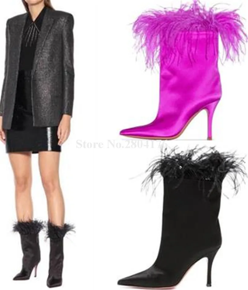 

Newest Women Rose Pink Black Satin Stiletto Heel Fur Short Boots Sexy Pointed Toe Slip-on Shining High Heel Ankle Booties