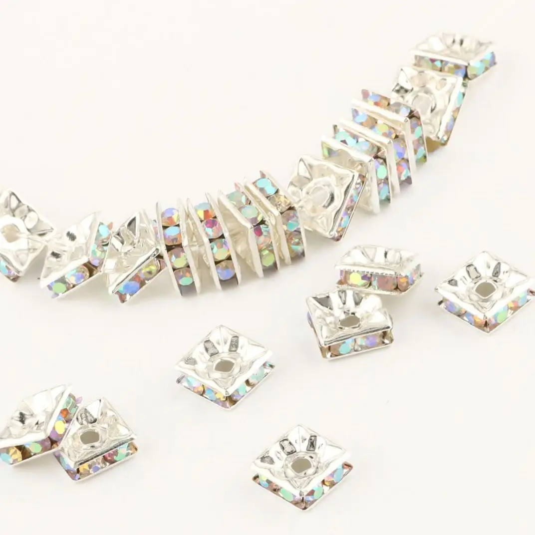 50/100 sztuk 6mm 8mm AB kolor srebrny kwadrat Rhinestone Rondelles kryształowe koraliki dystansowe do tworzenia biżuterii DIY bransoletka naszyjnik