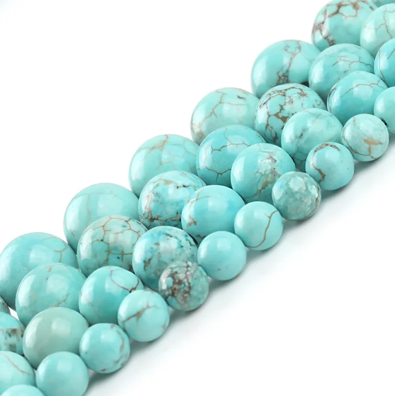 Perles de pierres Turquoises naturelles lisses, 2/3/4/6/8/10/12mm, rondes, amples, pour fabrication de bijoux, bracelet, 15 pouces