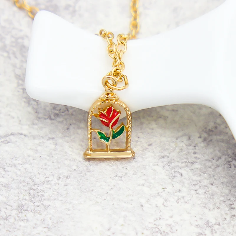 Gold color Bell rose Pendant Necklace Romantic woman flower long chain Beauty and beast necklaces