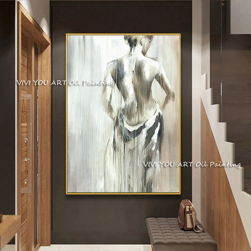 Original Hand Painted Thick Texture Nude Figure Oil Art, Monochrome Drip Stroke Canvas, Handcrafted Mid Century Salon Wall Decor