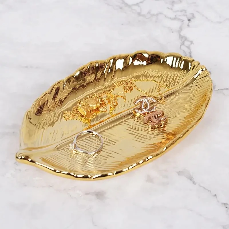 

Golden Tree Leaf Ceramic Jewelry Storage Tray Simple Earrings Necklace Bracelet Ring Organizer Tray Gift Women