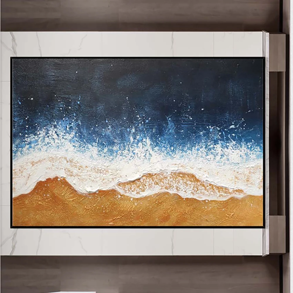 

Hand-Painted Textured Abstract Ocean Waves Oil Painting On Canvas Modern Wall Art for Office Living Room Bedroom Decor Mural