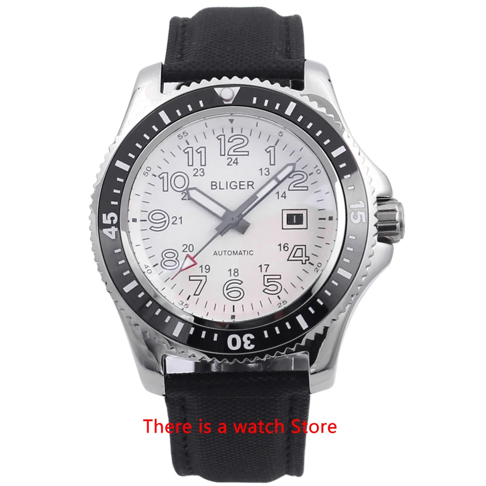 

Bliger 44mm Automatic Mechanical Watch Men White Dial Luxury Brand Luminous Waterproof Leather Strap Calendar Wristwatch Men