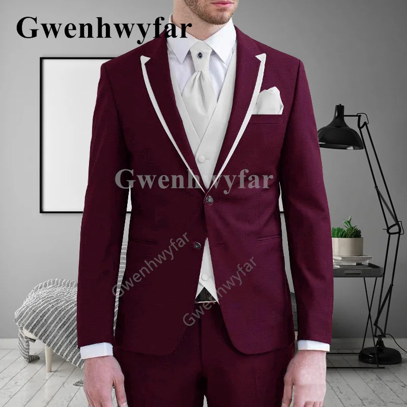 

Gwenhwyfar New Style Trend Men's Splicin Peak Lapels Suit Jacket Handsome Wedding Bridegroom Party 3-piece Wine Red Tuxedo