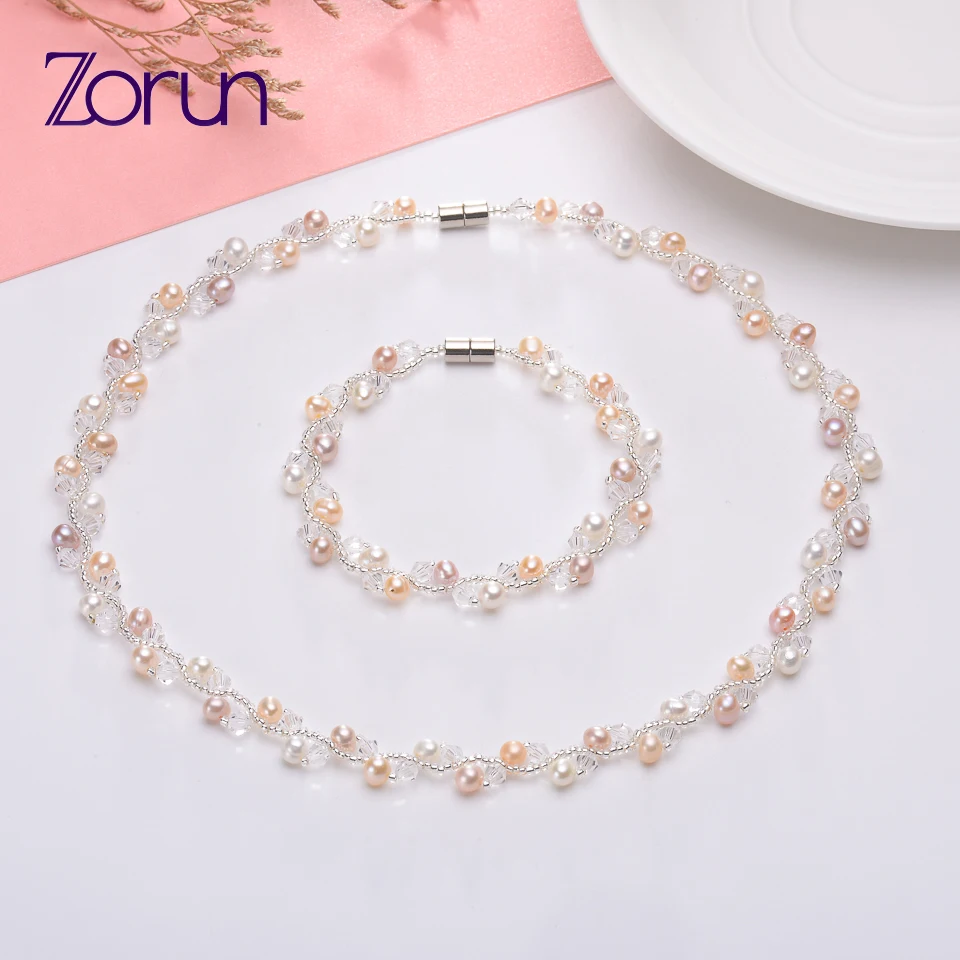 Zorun Genuine Natural Freshwater Pearl Party Fashion Jewelry Sets 4-5mm with Magnetic Clasp  Necklace and Bracelet  for  Women