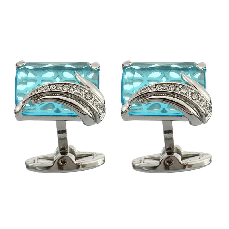 1 Pair High Quality Luxury Blue Glass Cufflinks For Mens Fashion Square Crystal Cufflinks Shirt Cuff Links