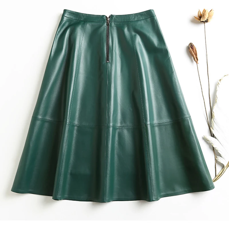 Vintage Ropa Winter Women Genuine Leather Thin A-line Pleated Skirts Femme Wine Red/Black 65cm Long Jupe Mujer Casual Etek Steet