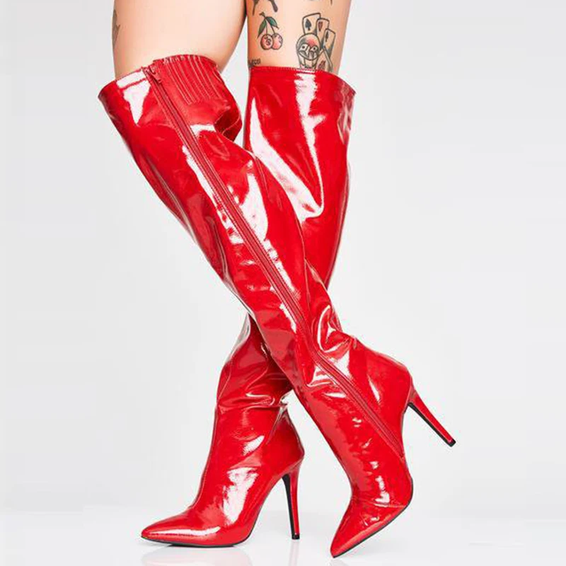 Women Pointed Toe Sexy Over the Knee Long Boots Red Black Silver Patent Leather Large Size Ladies Party Evening Stilettos Boot