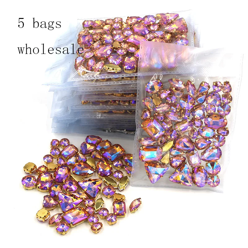 New arrival Wholesale 5 bags mixed shape sew on glass crystal Water red AB rhinestones gold base for clothing/dress