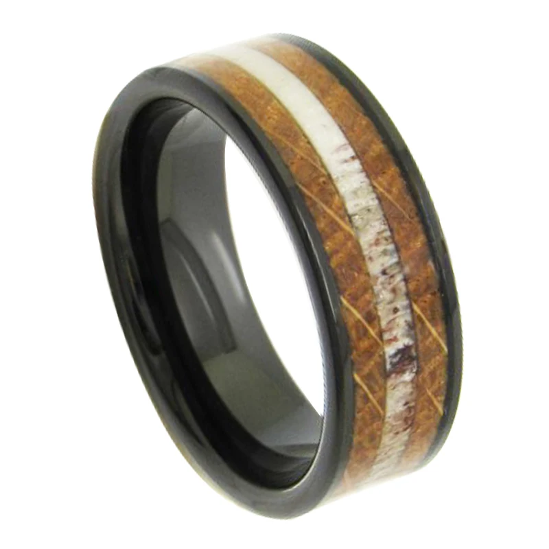 

8mm Width Black Tungsten Wedding Rings For Man Inlay Wood & Natural Deer Antler Comfort Fit Size 6-13 Free Engraving