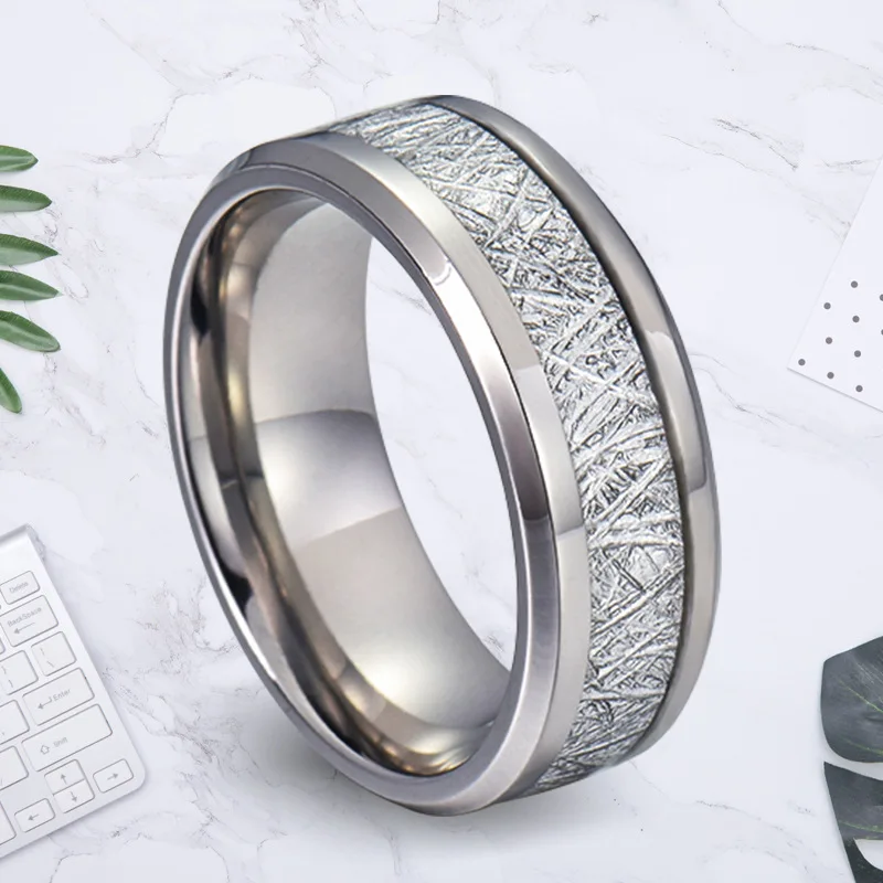 

Stunning 8mm Width Men's Rings Stainless Steel Band for Party High Polished Step Finished Inlay Silver Meteorites Size 6-14