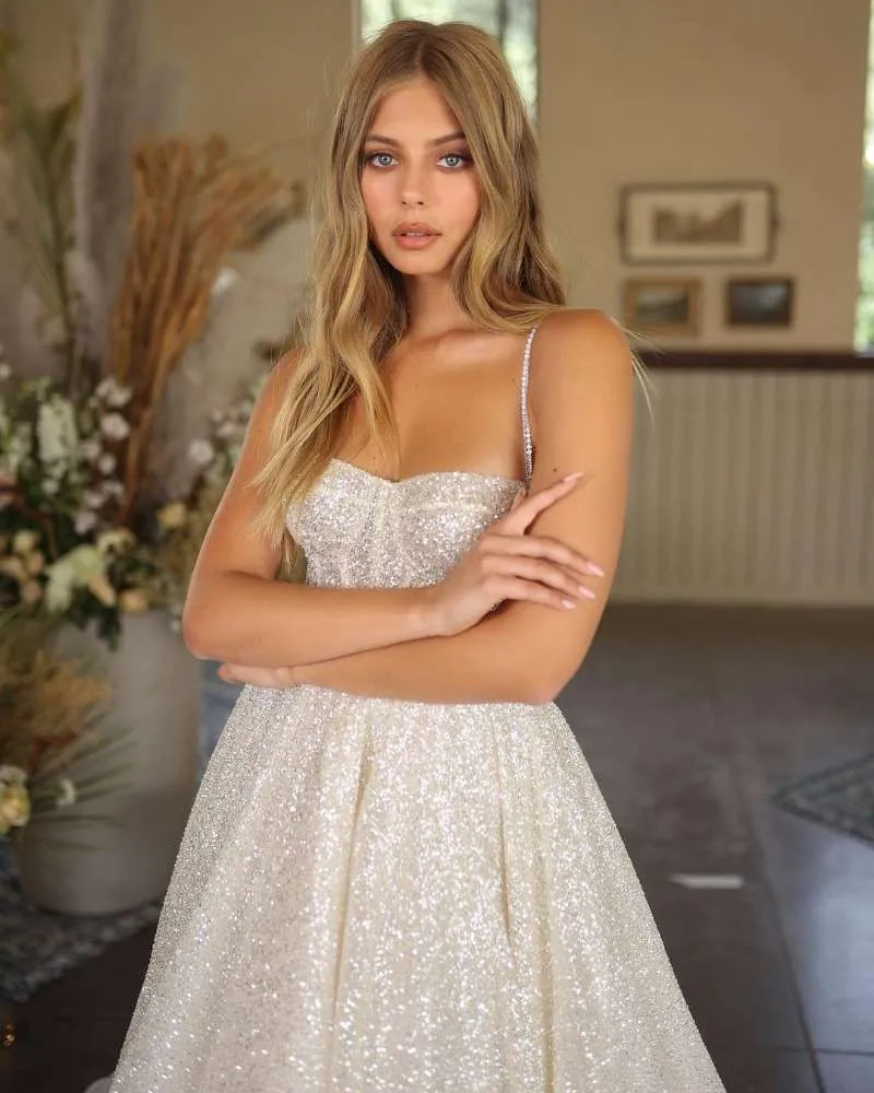 LORIE Shiny Wedding Dresses Boho Sweetheart Sequin Spaghetti Strap A-Line Princess Wedding Bridal Gown suknia slubna