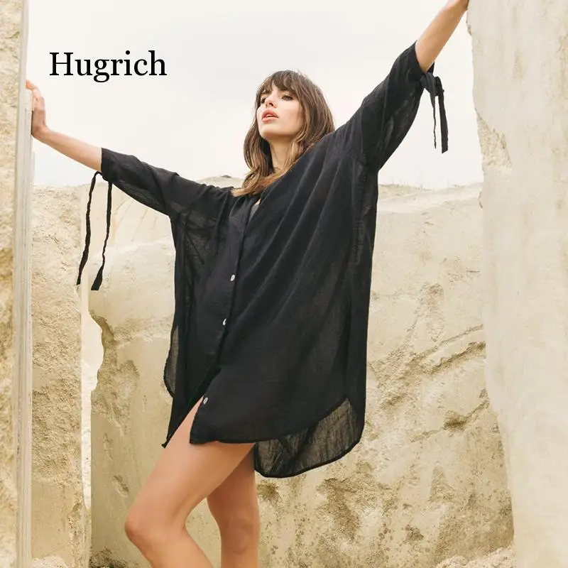 Sexy Beach Cover Up Black Bamboo Loose Shirt Tunic Women Kaftan Dress Bathing Suit Cover Up Summer Dress