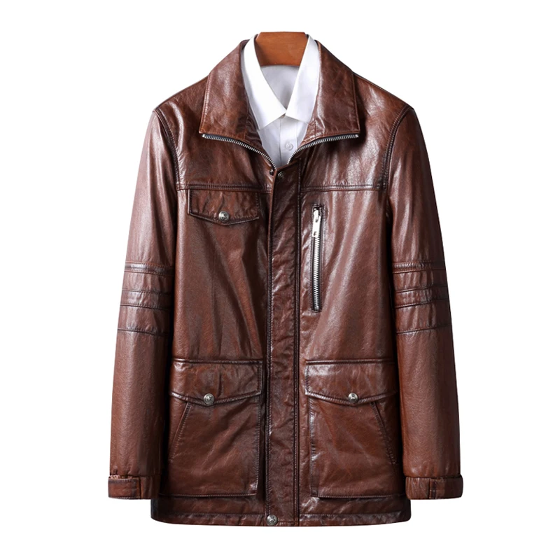 

2021 Autumn 100% Real Cowhide Oil Wax Leather Jacket Men Coat Lapel Multi-Pocket Business Casual Brown Outwear Windbreaker