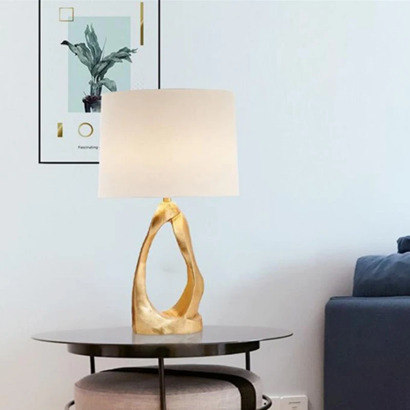 Art Simple Bedroom Golden Resin Hollow Table Lamp LED Living Room Study Decoration White Cloth Lampshade Desk Lamp